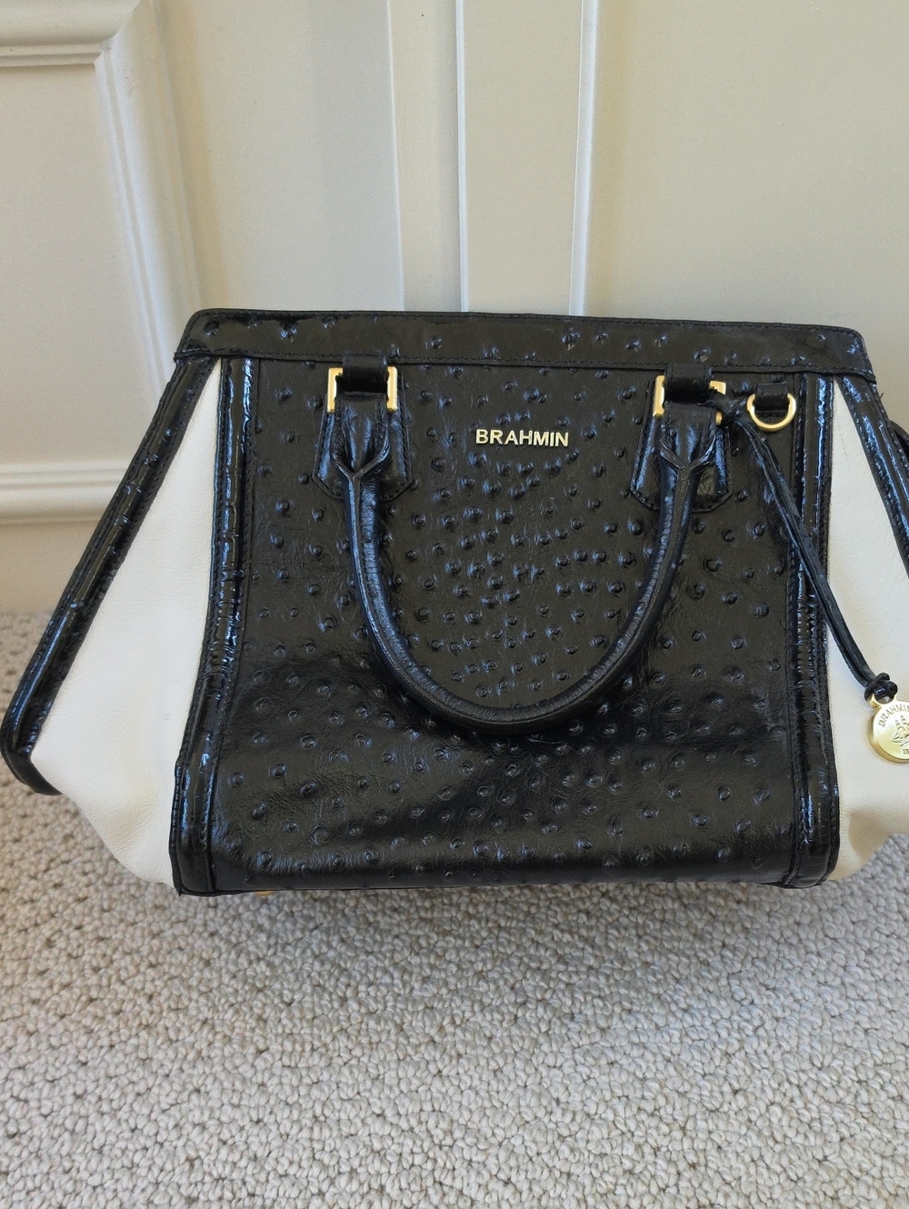 Brahmin Black and Cream Textured Satchel with Gold Hardware